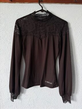 bebe y2k vintage Long Sleeve Lace Yoke Top in Black